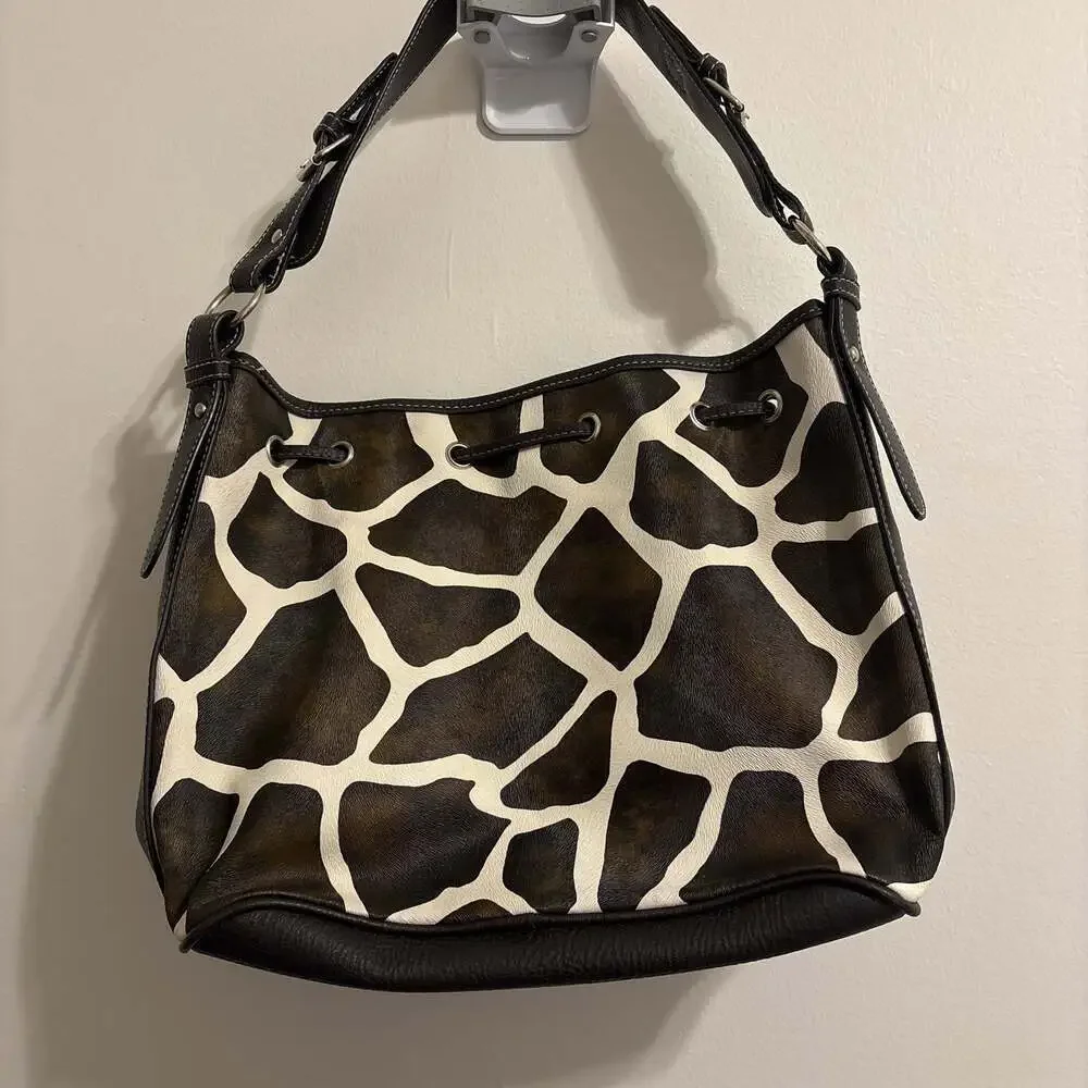 Attention Womens Black and White Faux Leather Shoulder Bag w Brown Accent Large